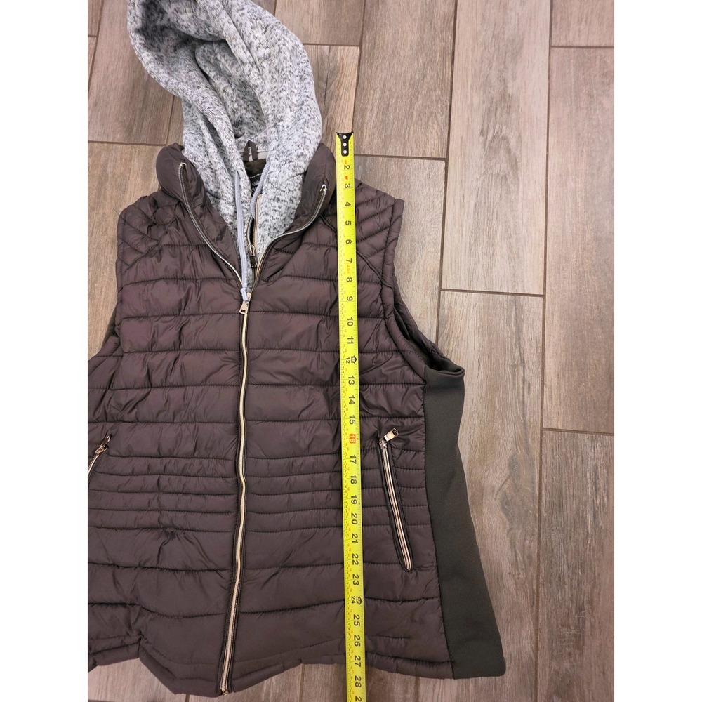 Brown Quilted Puffer Vest with Layered Grey Knit Hood and Ribbed Side Panels